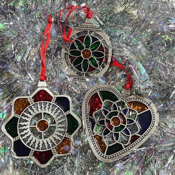 Set of 3 Stained Glass Metal Christmas Tree Ornaments Holiday Decor - Picture 1 of 8